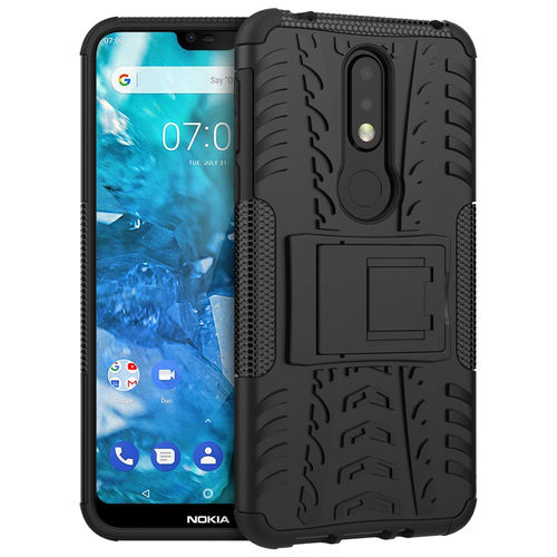 Dual Layer Rugged Tough Case & Stand for Nokia 7.1 - Black